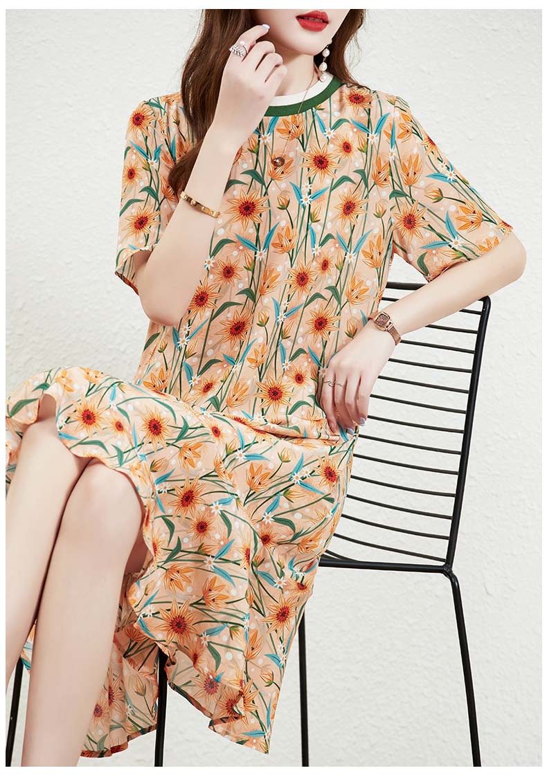 沫筱雪 真丝连衣裙女夏2022年新款印花螺纹年轻款桑蚕丝鱼尾裙裙子