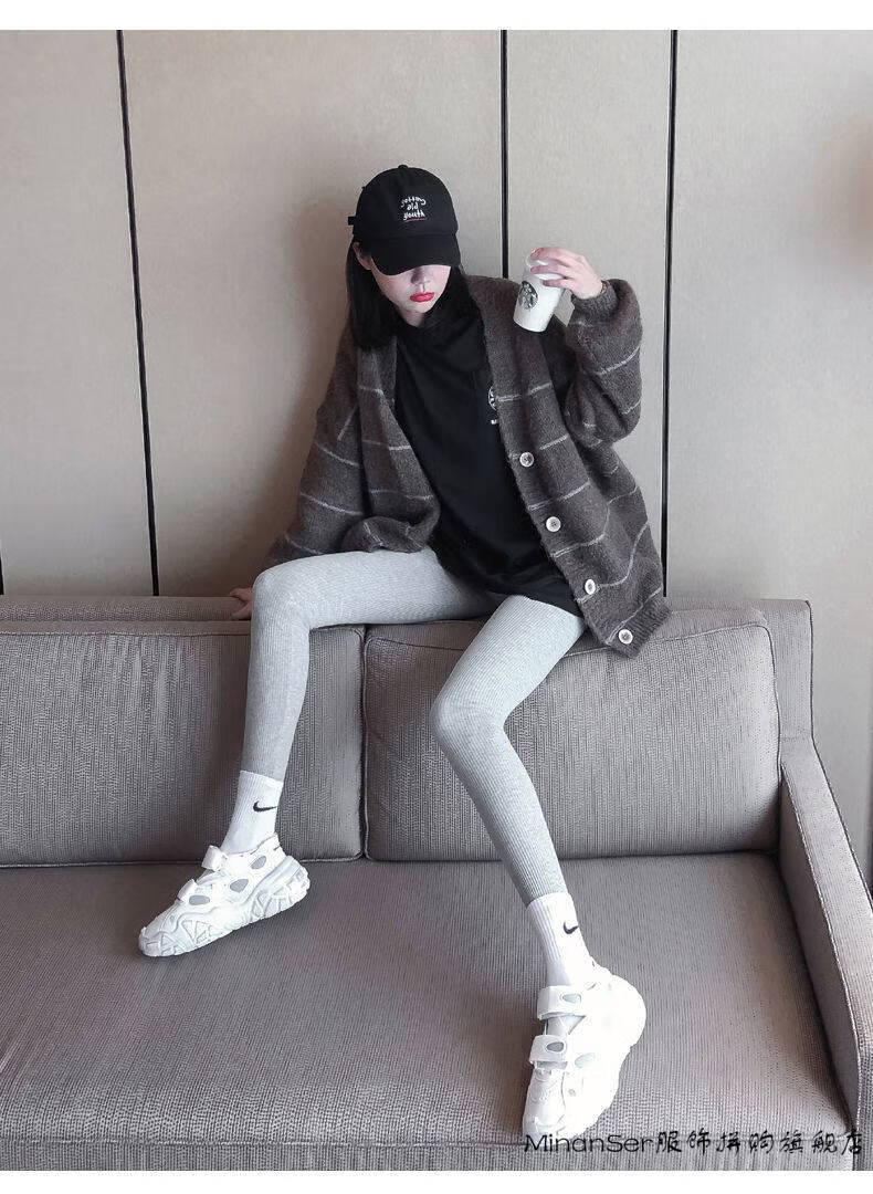 加厚打底裤春秋女外穿长裤羊羔绒螺纹显瘦秋裤黑色春秋纯色款m7595斤