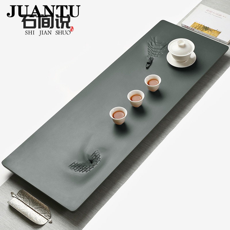 juantu茶具天然天罗绿茶盘手工雕刻石头茶台高端茶室简约家用茶具托盘