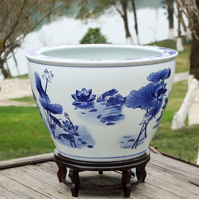 蓝桂景德镇陶瓷鱼缸特大号水缸荷花缸养锦鲤缸家用客厅落地风水缸 白