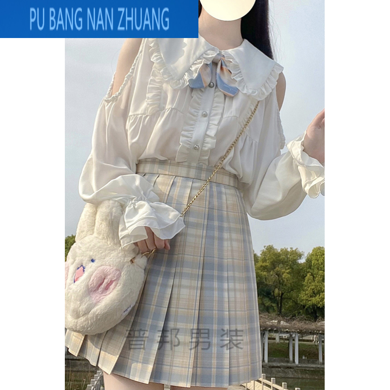 jk制服套装女高中生水手服露肩雪纺长袖衬衫萝莉少女生上衣l服装 绯白