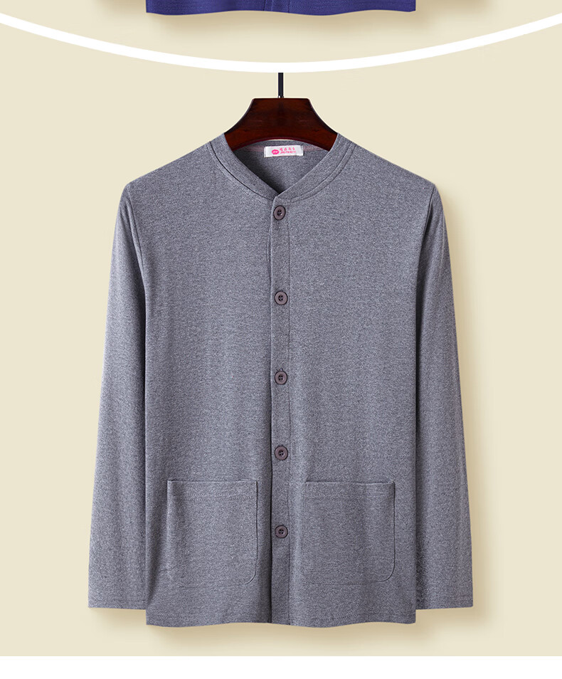 中老年人纯棉单件秋衣男棉毛衫对襟开衫上衣大码老人薄款保暖内衣中灰