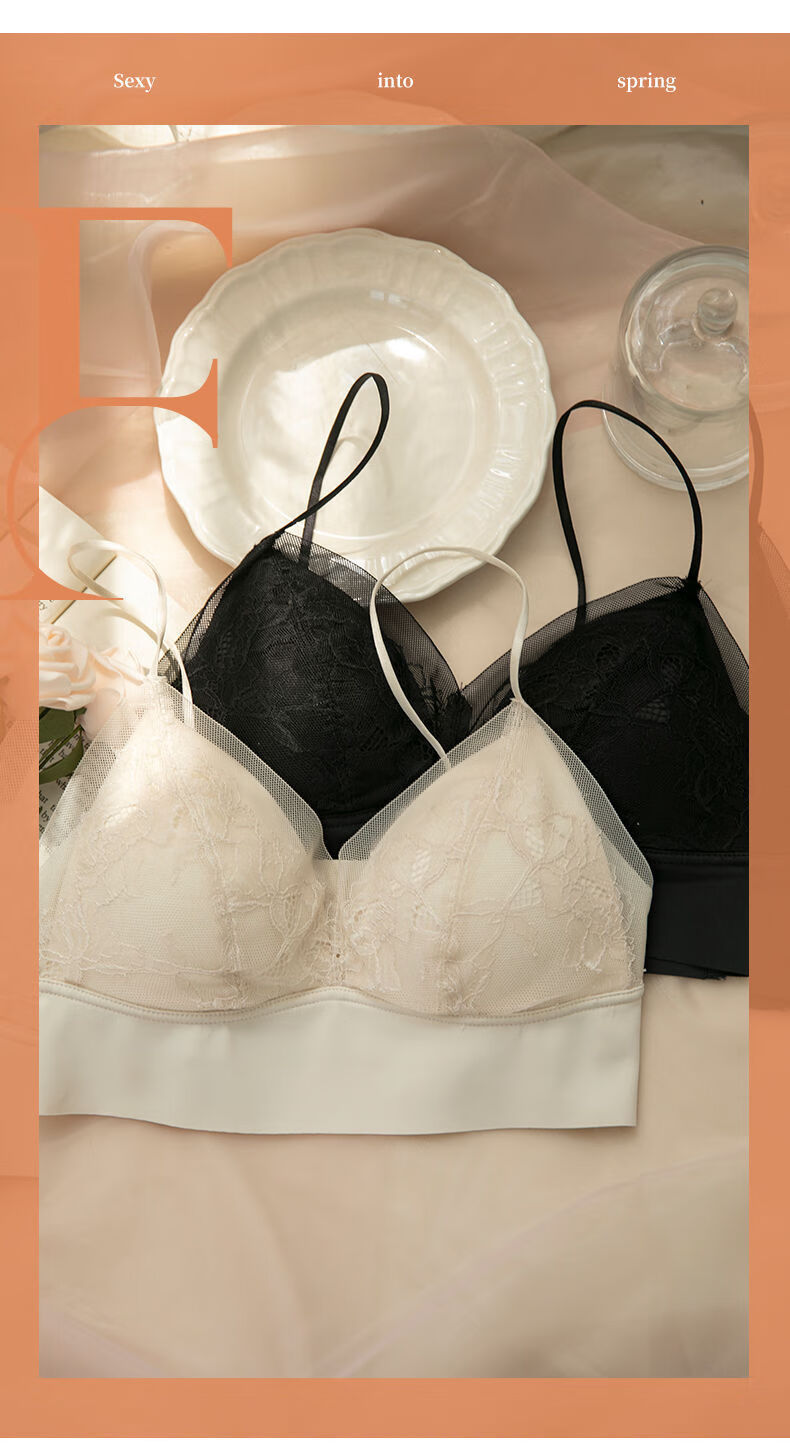 女士法式文胸薄款夏冰丝吊带文胸无痕蕾丝美背一体式性感内搭外穿防