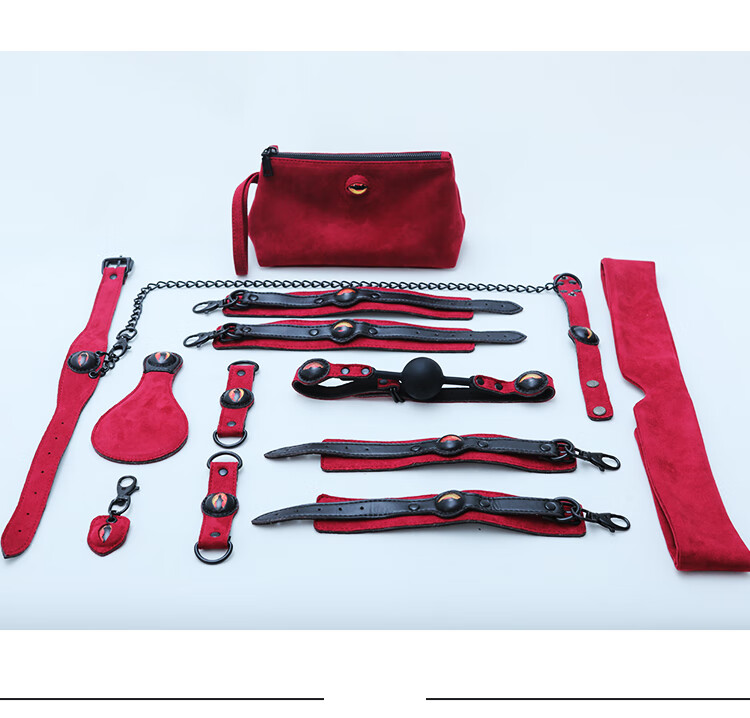 sm套装另类玩具调教道具红色11件套手脚铐捆绑项圈响拍口球拍打绑眼