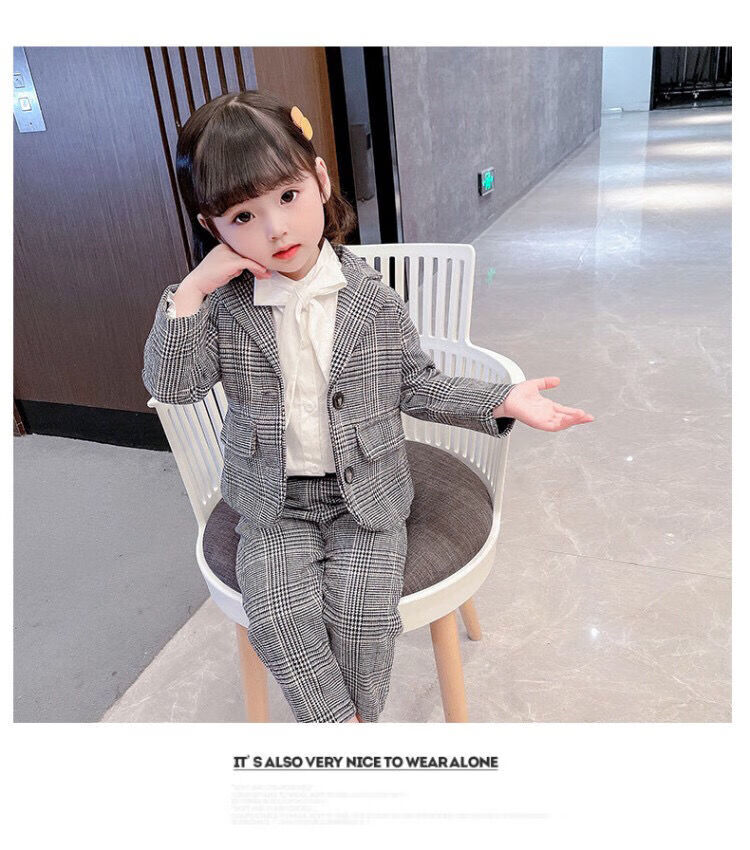 儿童西装女童套装小孩秋装2021新款格子西服春秋女外套中小童女孩小孩