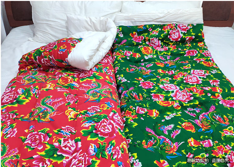 东北大花布老式被子纯棉被套布料被面大红牡丹传统包边棉被结婚用藏蓝