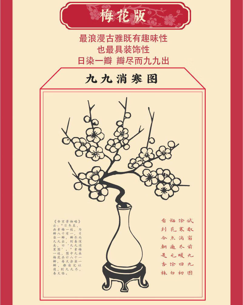 九九消寒图梅花复古民间传统日历冬至年画立春线稿水墨梅花涂色画a3