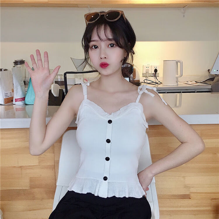 针织小背心女外穿ins潮甜辣内搭打底法式别致胖妹妹吊带上衣黑色m80