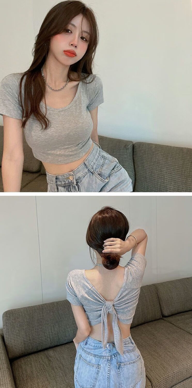 性感小心机深v前后两面穿t恤女士露背短款显胸大辣妹紧身上衣950灰色s