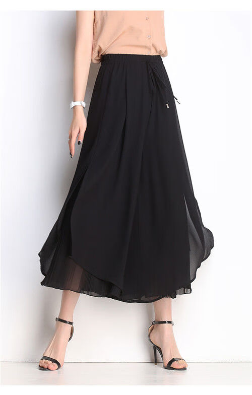 2022新款裙裤女高腰夏季宽松显瘦垂感大号九分飘逸甩甩雪纺阔腿裤黑色