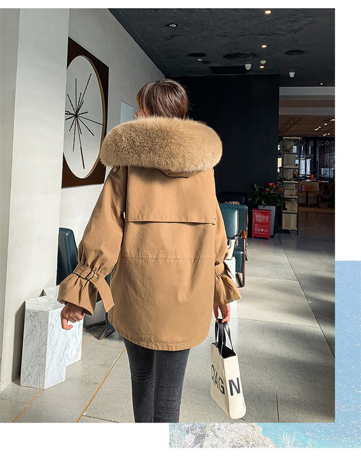 105981-拉夏贝尔棉服女21年新款女装百搭工装派克服女气质时尚冬装 米白色 L-详情图