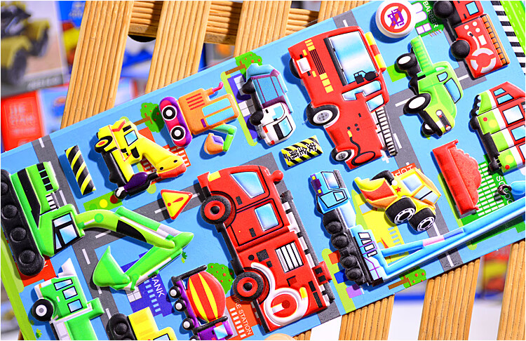 挖土机工程车小汽车卡通贴纸儿童贴画立体泡泡幼儿园早教奖励粘贴升文