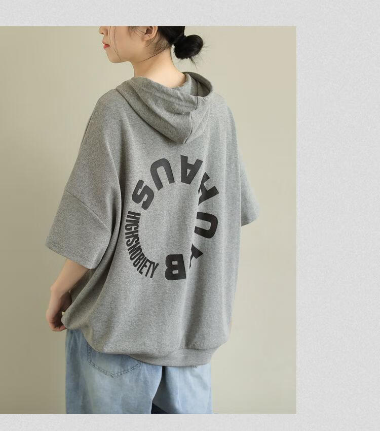 赵小熊新品夏季短袖连帽卫衣大码女装2022新款潮夏装女韩版宽松连帽