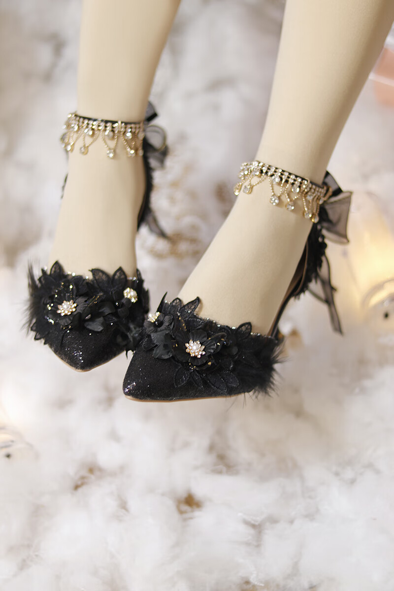 洛丽塔高跟鞋细跟原创lolita鞋凉鞋闪亮水钻尖头花嫁鞋高跟lo鞋 黑色