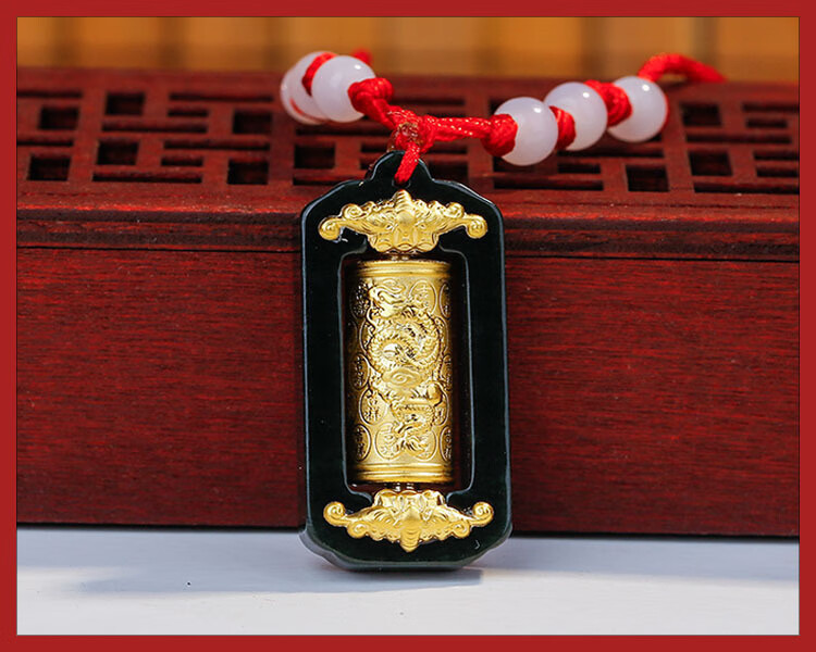 老凤凰和田墨玉吊坠男士项链金镶玉转运筒吊坠佛18看足金百福转运筒