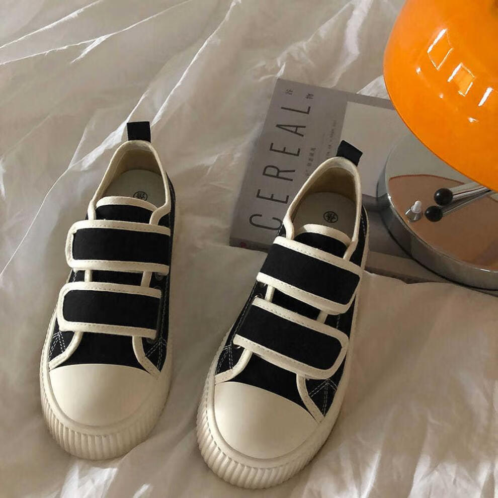 魔法贴板鞋女林先叁 黑色魔术贴饼干鞋女夏季薄款小众鞋子百搭帆布鞋