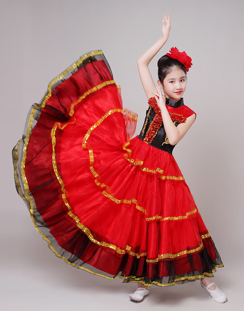 西班牙斗牛舞裙六一儿童舞蹈表演服装斗牛舞演出大摆裙少儿开场舞练习