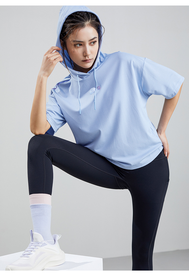 安踏冰肤科技连帽短袖t恤女2022夏季新款女落肩五分袖短t跑步运动服2