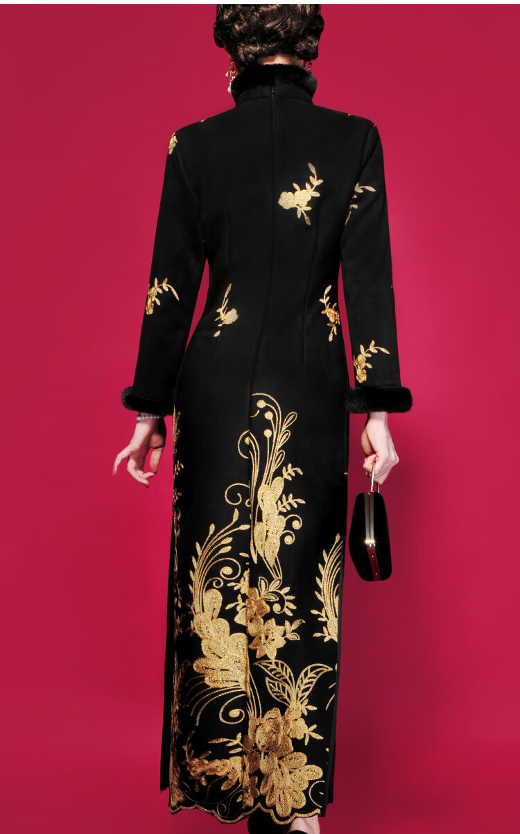 雅鹿高端冬季改良长袖黑色旗袍冬款加厚加绒女2022年新款秋冬长款冬天