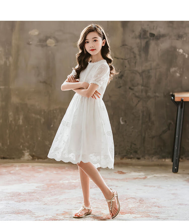 缘丝霞童装白纱裙女童连衣裙夏季小女孩裙子912岁中大童学生白色公主