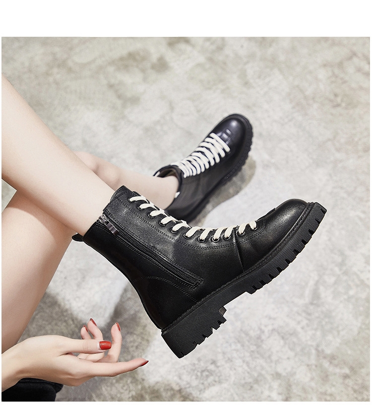 黑色高筒皮鞋平底女靴秋高腰休闲单靴高中学生短靴马丁靴拉链黑色38