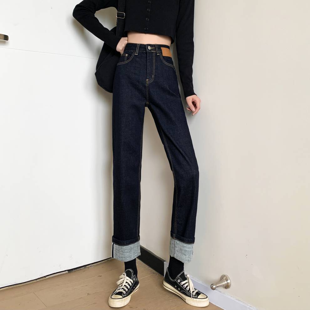 恒源祥深色直筒牛仔裤女宽松小个子春秋翻边百搭高腰烟管裤子21年秋
