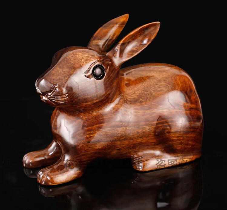 欢馨东阳木雕摆件东阳木雕兔子摆件红木生肖实木十二生肖绿色木质家居