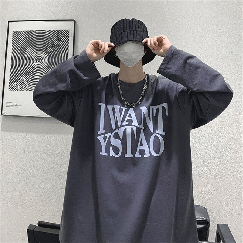 蜀殿长袖t恤男新款港风时尚潮流宽松oversize上衣男打底t恤男2022春