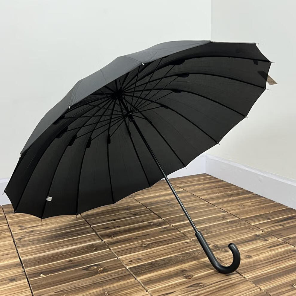 沥霖日系雨伞高颜值纯黑色16骨长柄手动双人防风商务绅士伞男女黑色