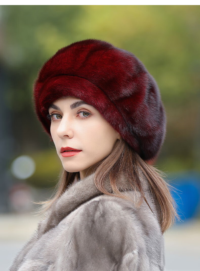 幕加格貂帽女冬季新款保暖水貂毛整貂贝雷帽冬天中老年妈妈皮草帽子