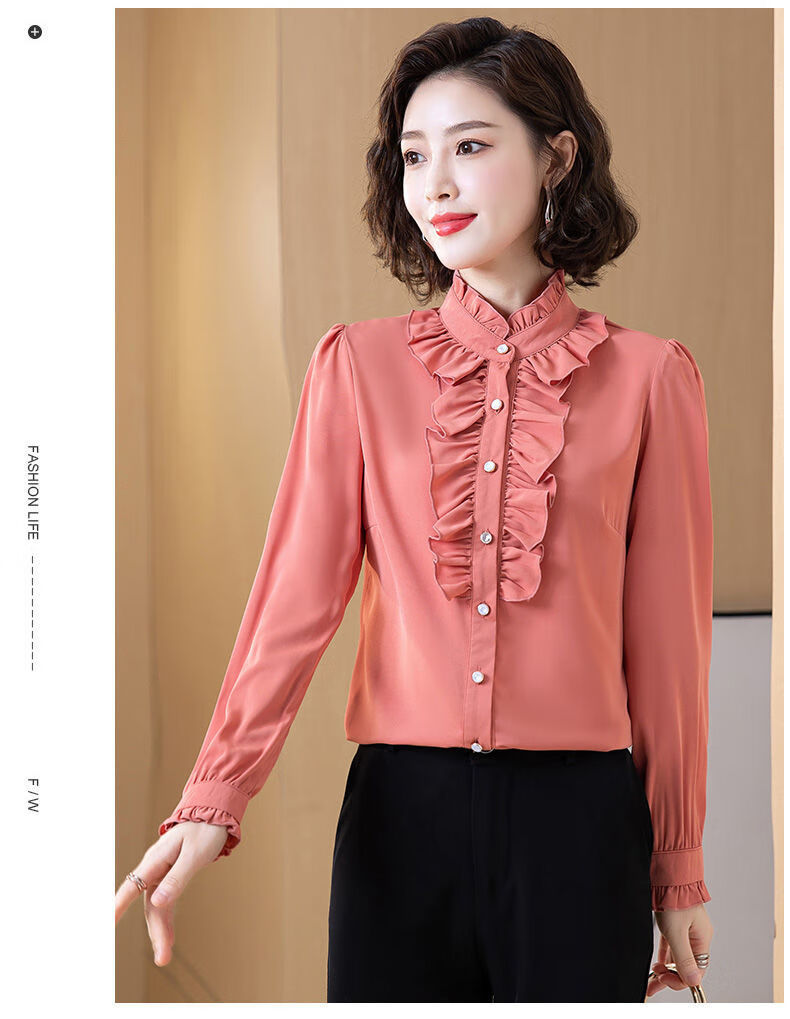 保暖衬衫女加厚衬衣女士衬衣长袖秋冬时尚简约风缎面雪纺立领木耳边
