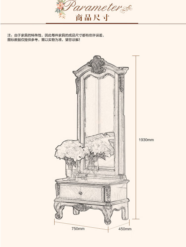 2022新款美式穿衣镜雕花试衣镜家用身镜欧式复古落地镜别墅洋房卧室