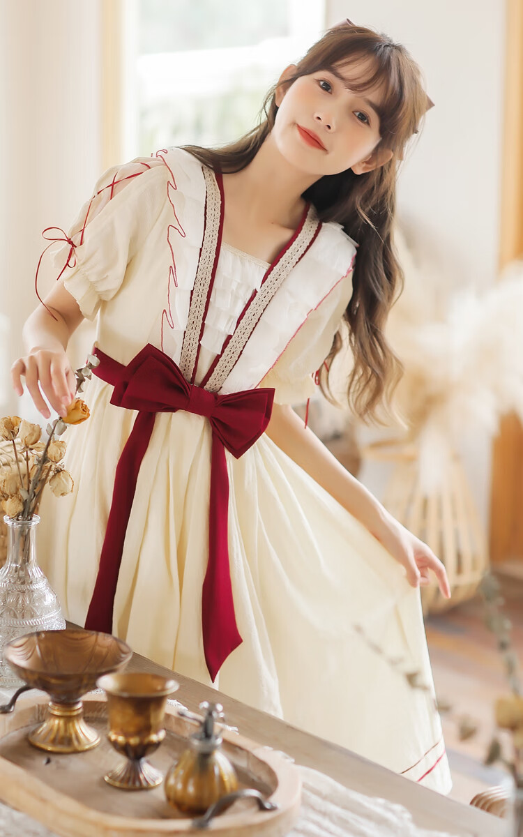 {轻奢高端}法式复古洛丽塔连衣裙2022新款蝴蝶结撞色惊艳洋装公主裙