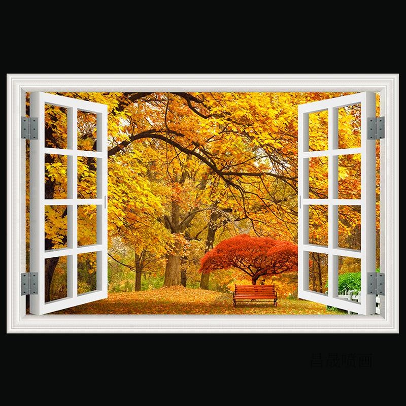 【现货速发】窗户贴纸风景画仿真假窗户装饰画墙贴树林田园风景贴画