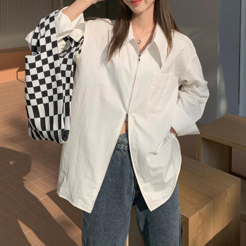 白衬衫女春季复古港味长款内搭白色衬衣设计感小众双拉链叠穿上衣白色