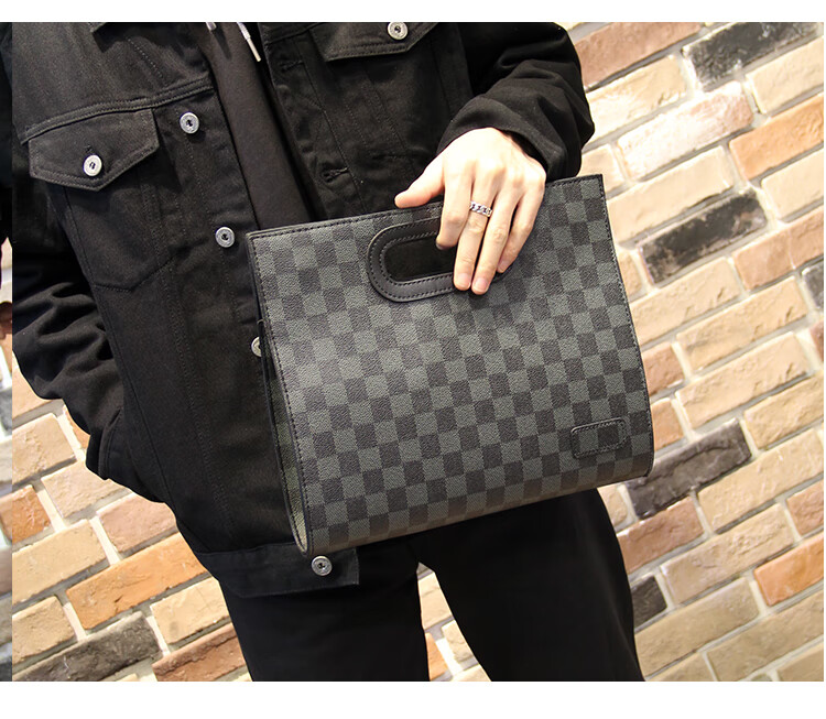 袋鼠旗舰官方新款男士格子手提包潮流男款手抓包男夹包休闲提包手拿包