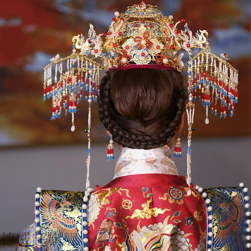 凤冠霞披新款中式古风明制汉服婚凤冠霞披新娘结婚头饰中国风花嫁大婚