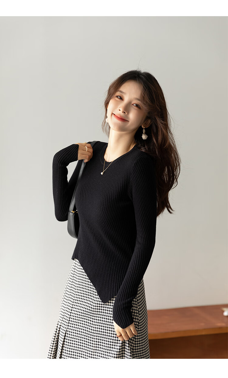 谜秀设计感针织打底衫女2021秋冬季新款修身显瘦内搭毛衣上衣女潮黑色