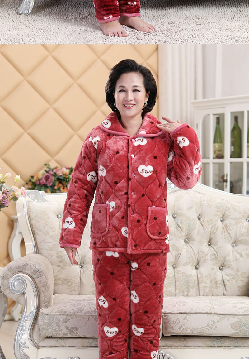 妈妈珊瑚绒睡衣套装高品质秋冬季中老年人法兰绒三层夹棉加厚睡衣妈妈