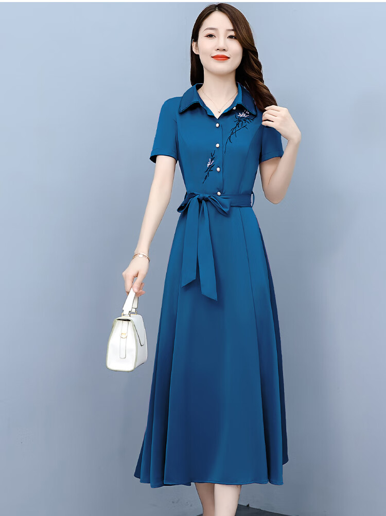 醋酸仿醋酸女连衣裙面料春夏士收腰中长裙洋气显瘦感裙子湖蓝色醋酸仿