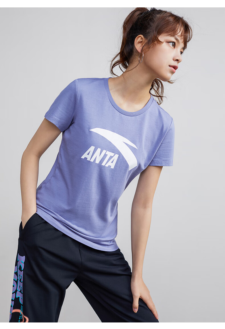 安踏短袖t恤女士2022夏季新款运动跑步纯棉修身简约圆领休闲上衣泡沫