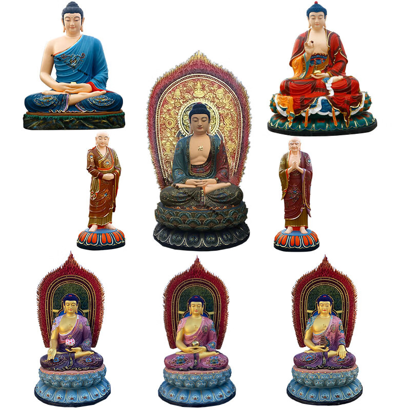 三宝佛阿弥陀佛极彩释迦牟尼药师佛树脂生漆脱胎木雕铜雕寺庙佛像 翠