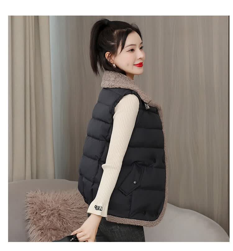 谊慧马甲女加绒加厚冬装2021秋冬季新款女装仿羔毛拼接修身显瘦马夹小