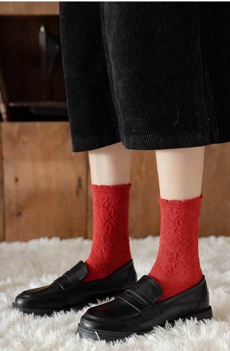 浪莎本命年袜子女红中筒袜潮日系大红色春秋纯棉长筒长袜属虎年秋冬