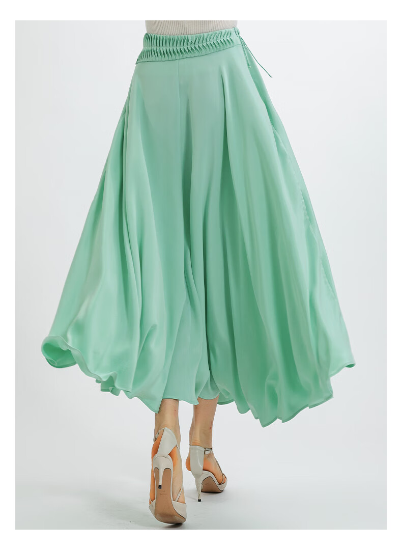 voa30姆米重磅桑蚕丝淡绿色自然腰塔克褶珍珠装饰中长真丝半身裙ce171