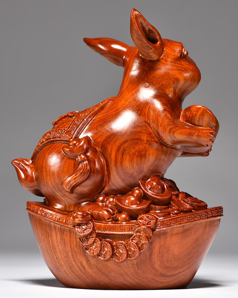 思古黄花梨木雕兔子摆件实木雕刻三合十二生肖兔摆设雕刻招财风水家居
