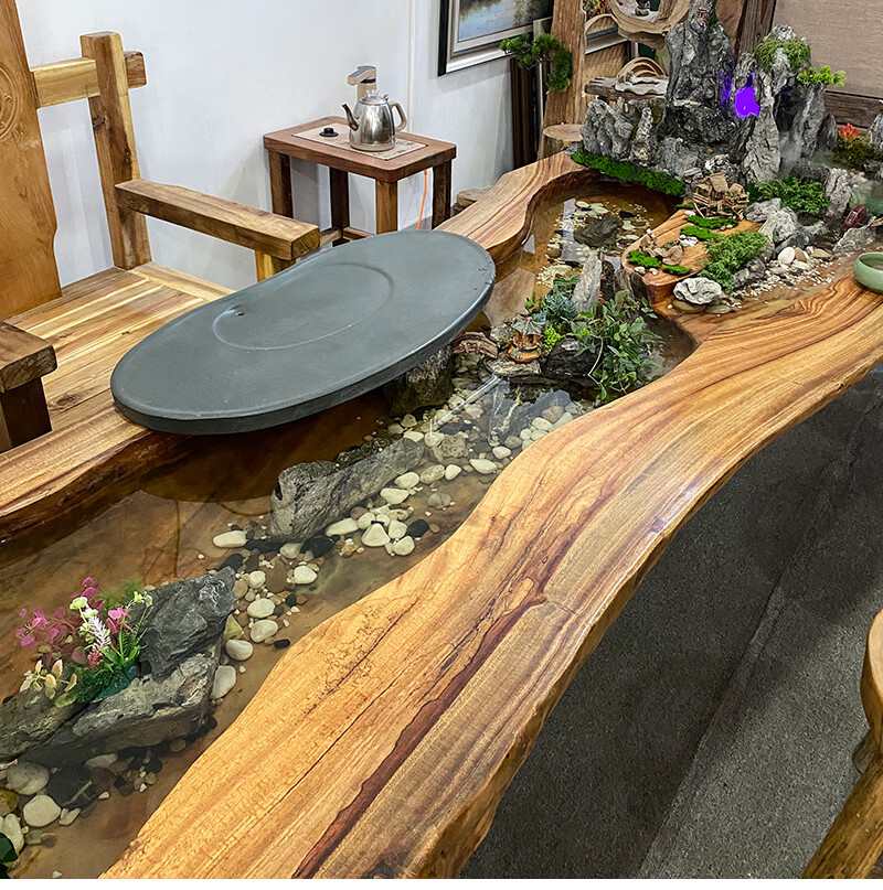 茶台新中式禅意景观一体茶桌异形根雕曲水流觞茶几223米选料订做组装