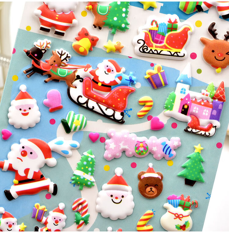 圣诞贴纸儿童玩具可爱3d立体泡泡贴圣诞老人礼物装饰粘贴纸酒红色ks07