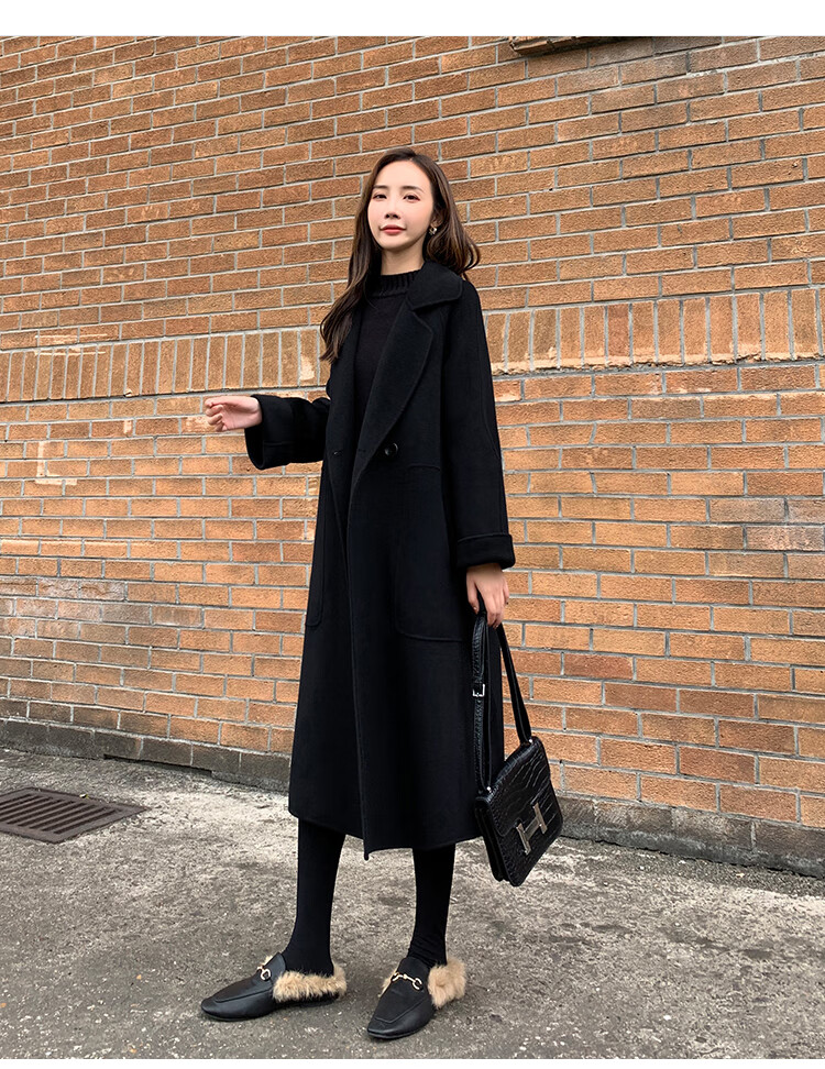 6996北极绒高档轻奢2021年冬装新款黑色双面羊绒呢子大衣感赫本风