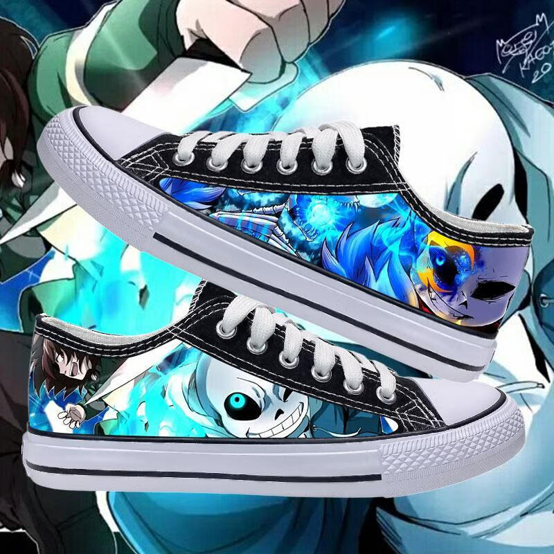 传说之下sans图案男孩鞋子春秋低帮帆布鞋周边涂鸦潮流中学生板鞋 低.